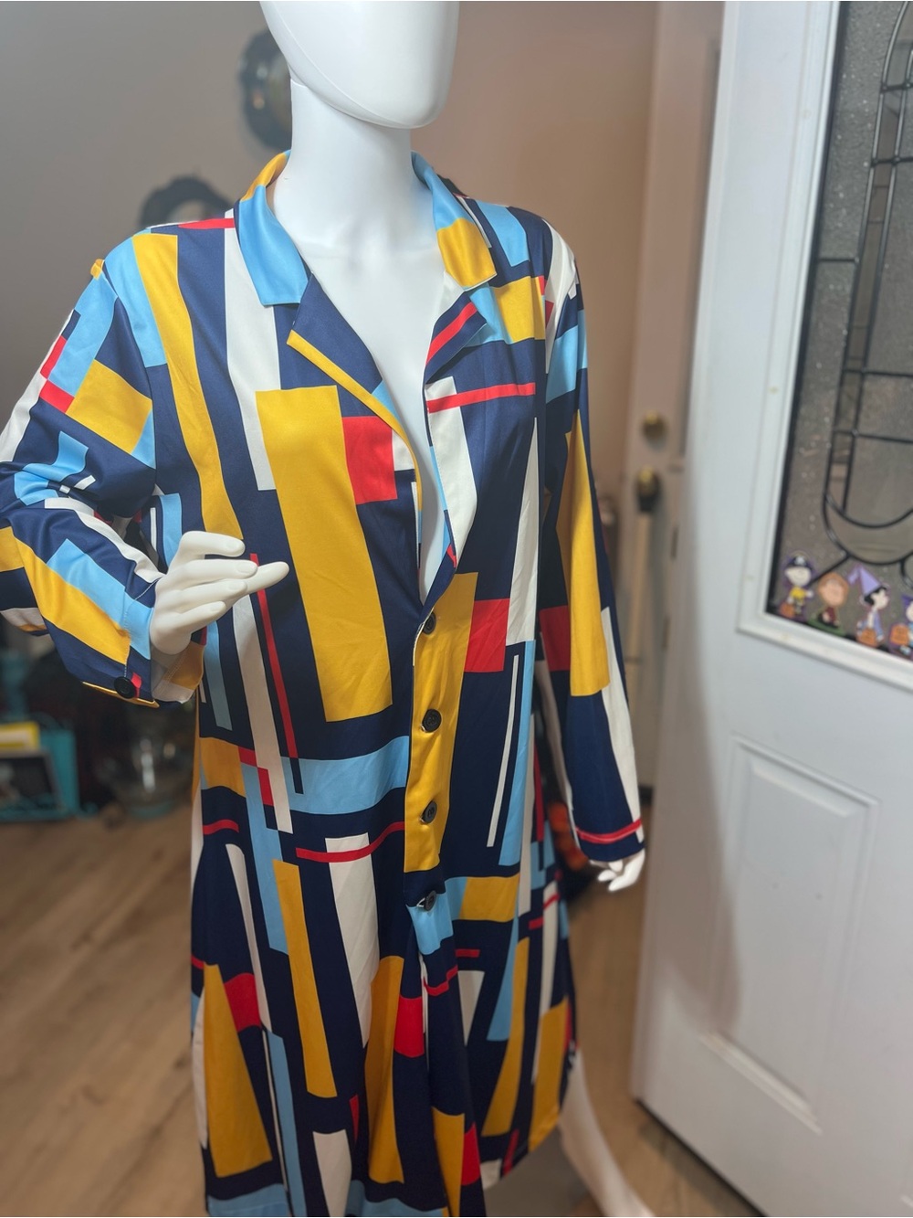 Geometric Print Longline Button Jacket - Navy, Yellow & Red